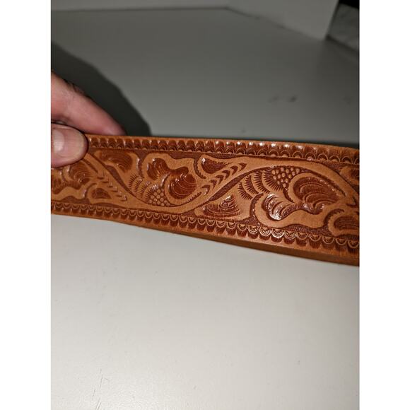 Vintage Hand Tooled Leather Belt Top Grain Steer Hide Tan Unisex - Picture 4 of 9